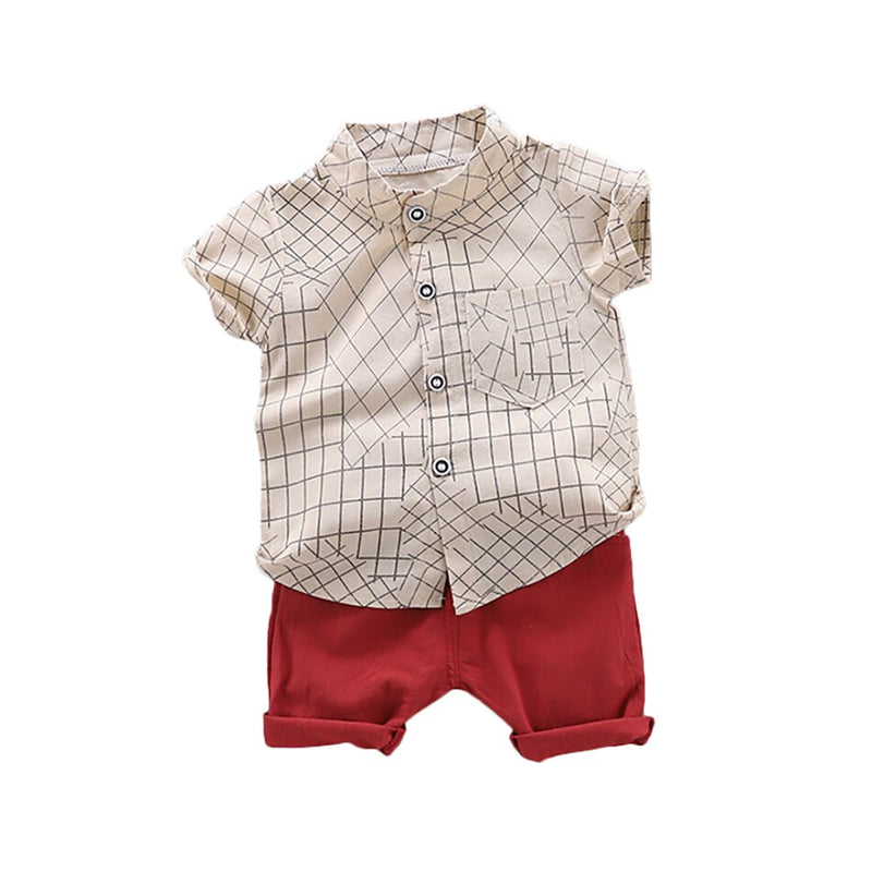 Kids Baby Boy Clothes Simple Lattice Summer Sets 2Pcs Short Sleeve Shirt+Shorts Child Boy Beach Wear Outfits