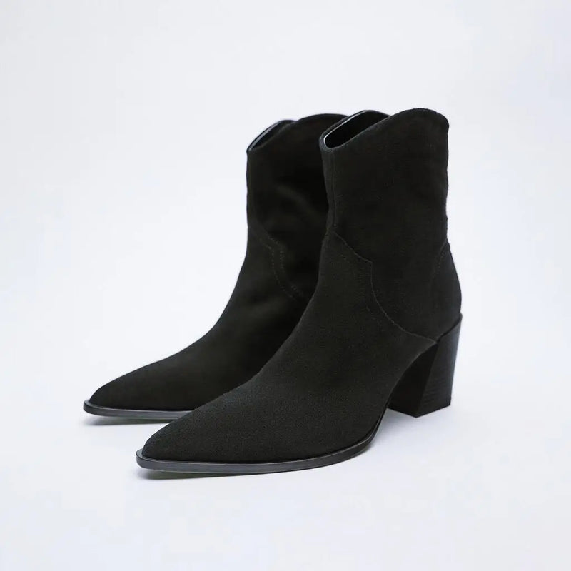 Women Boots Women's Shoes Black Leather Suede Ankle Boots Women High Heels Female Booties