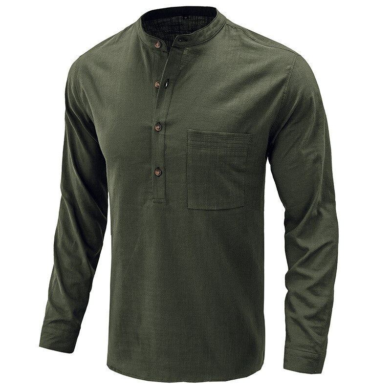 Spring Autumn Cotton Linen Long Sleeved Shirt Men Round Neck Half Open Button Solid Casual Top Men Loose Simple Linen Shirt