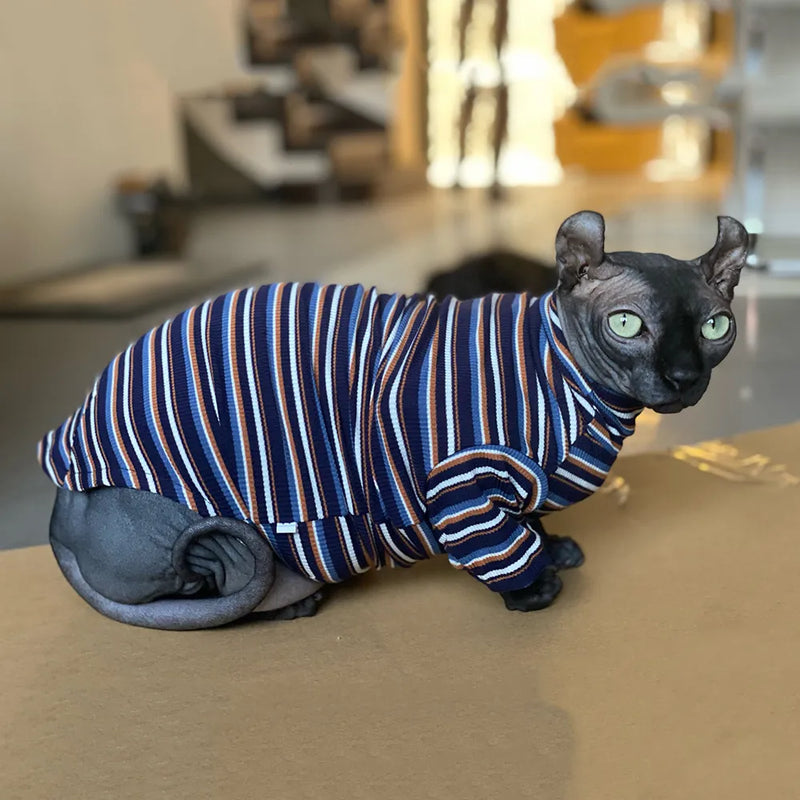 New Sphinx Devon Hairless Cat Clothes For Kitten Knitted Striped High Collar Cat Clothing Spring Autumn Kitty Costume For Pet