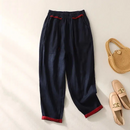Summer Casual Pants Women Patchwork Drawstring Cotton Hemp Ankle Length Pants