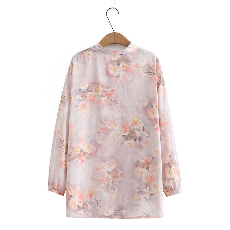 Women Spring Print V-Neck Blouse Long Sleeve Tops Oversize Curve Clothes