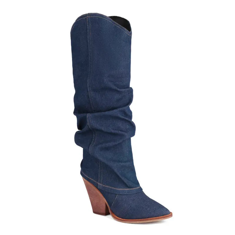 Denim Women Knee High Boots Wedges High Heel Western Boots Autumn Winter Boots