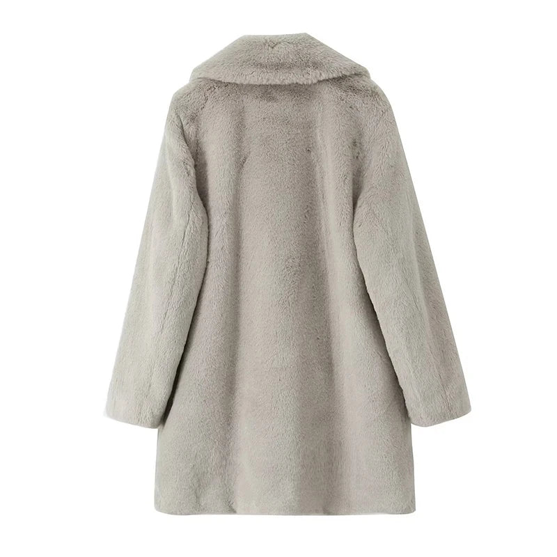 Vintage Women Lapel Collar Faux Fur Coat Single Breasted Female Autumn Winter Loose Warm Overcoat
