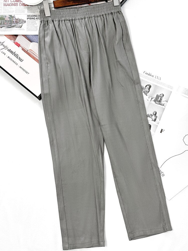 Women Casual Linen Suit Pants Spring Summer Comfortable Female Solid Elastic Waist Ankle-Length Trousers