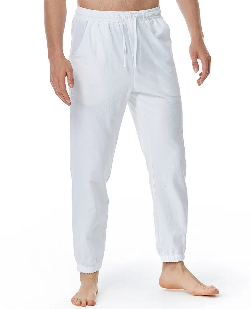 Men Cotton Linen Drawstring Pants Elastic Waist Casual Jogger Yoga Pants Men Casual Lightweight Home Sport Trousers
