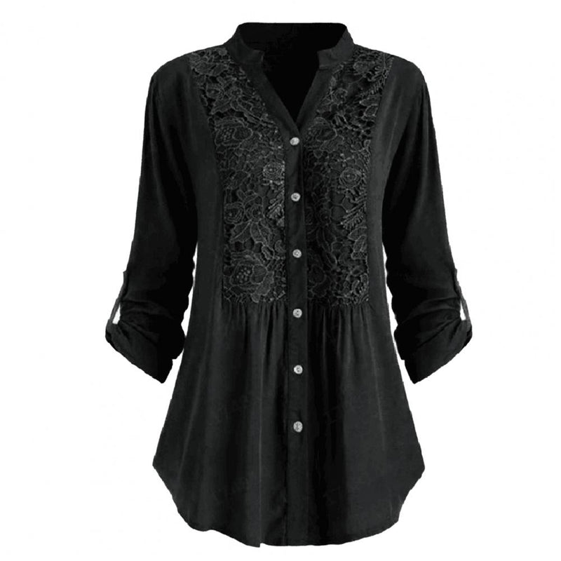 Lace Splicing Women Blouse Stand-up Collar Comfortable Tops Button Placket Loose Spring Shirt for Office