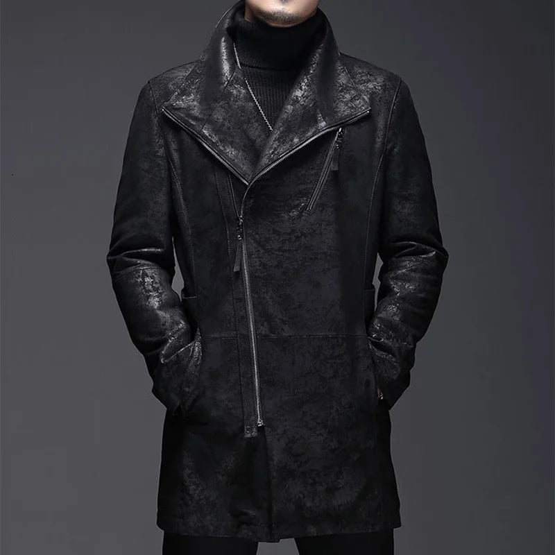 Winter Genuine Leather Jacket For Men Motorcycle Long Windbreaker Coat