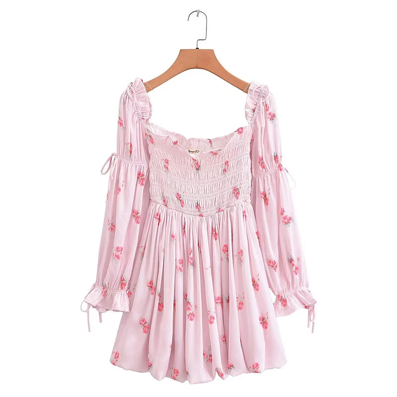 Sweet Pink Floral Off Shoulder Dress Women Long Sleeve Holiday Party Mini Dresses Princess Fairy