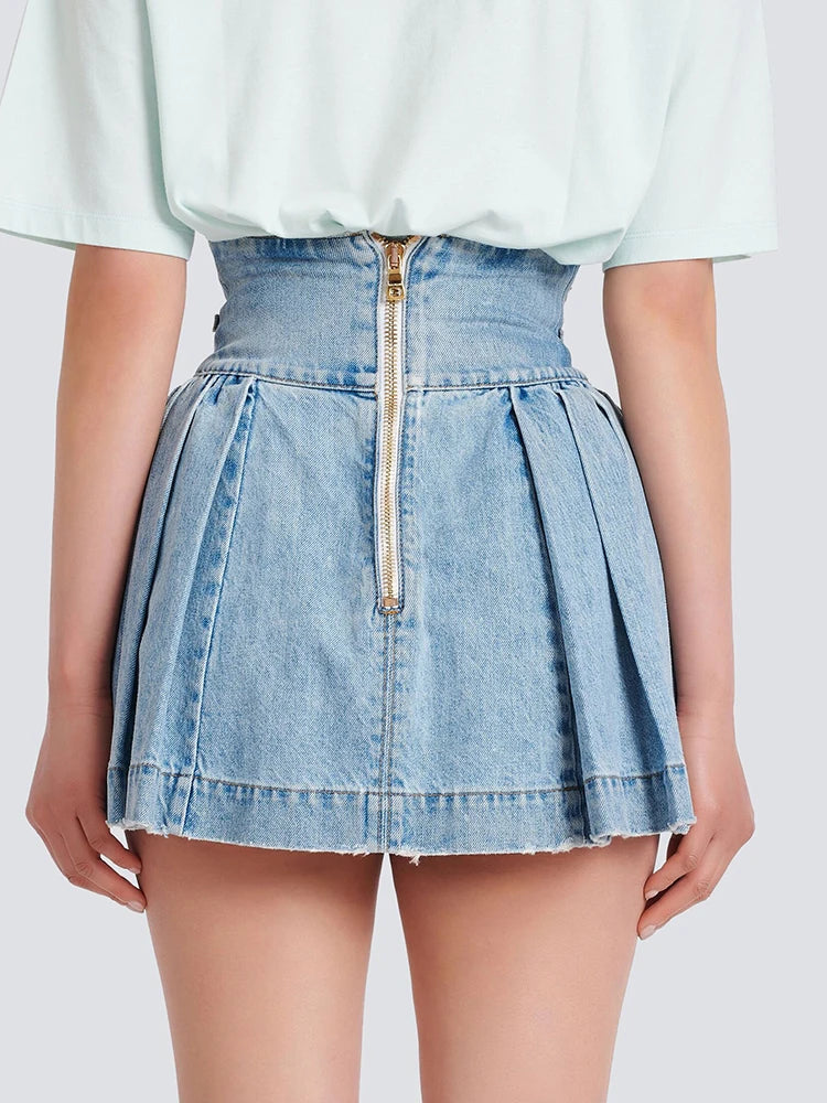 Denim Skirt Double Breasted Lion Button Pressed Pleated Washed Blue Denim Short Mini Skirt