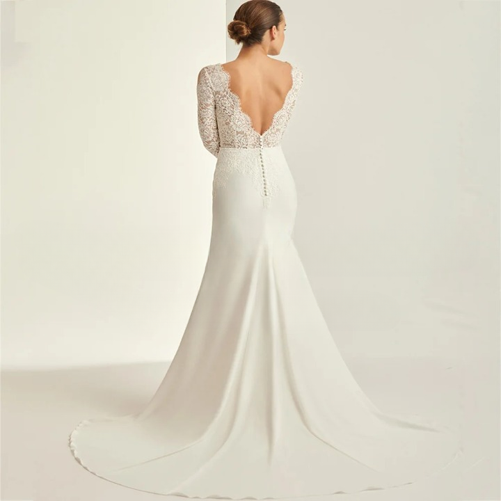 Wedding Dresses Beautiful Applique Long Full Sleeves Open Back Button Design Mermaid Train Bridal Gown