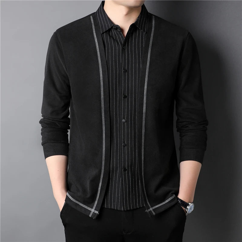 Spring and Autumn Men Sweater  Smart Casual Shirts Square Collar Knitted Sweater
