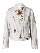 Autumn Winter Floral Embroidery Leather Jackets Women Moto Rivet Black Punk Outerwear Biker Coats