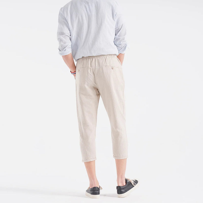 Spring Summer Men's Solid Linen Crop Pants Cotton Hemp Casual Cropped Pants
