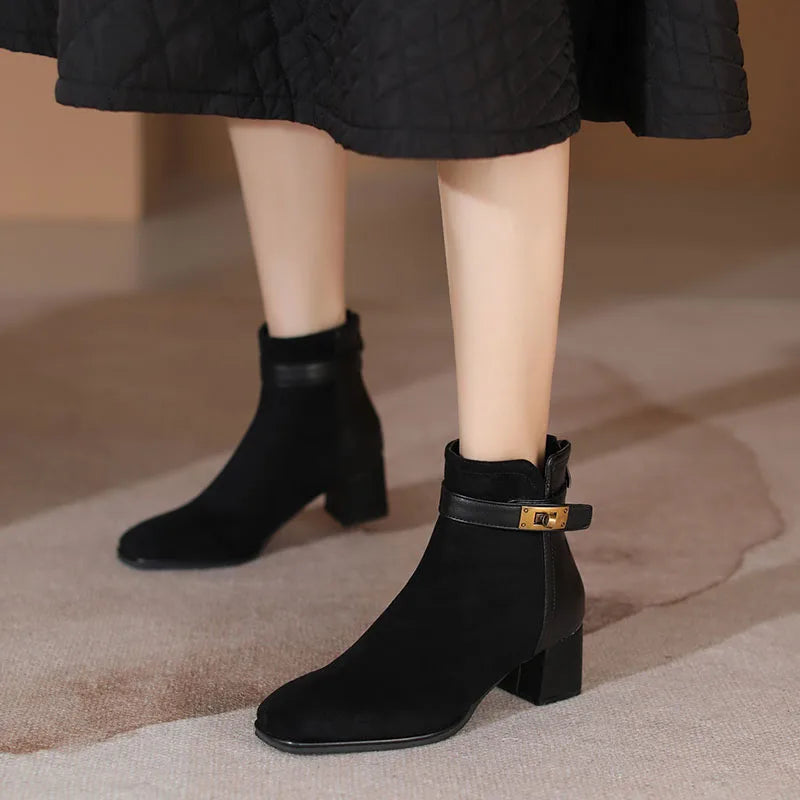 Women's Suede Ankle Boots Back Zip Closure Boot Female Belts Decoration Square Toe Medium Heels