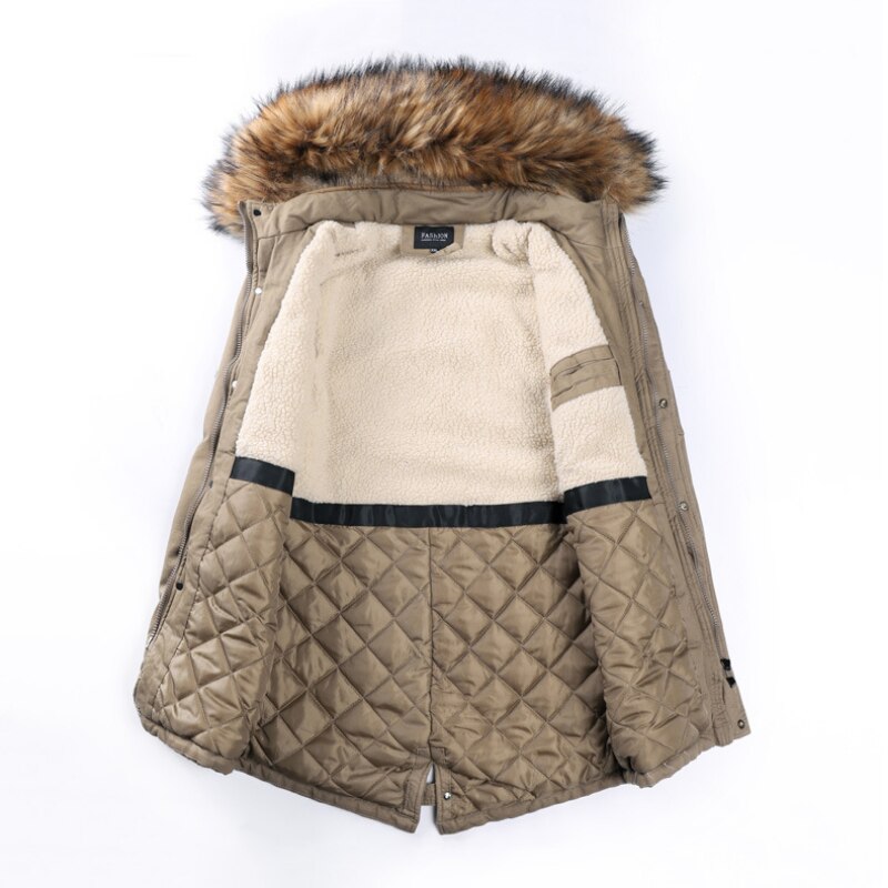 Men Medium Long Thick Warm Cotton Coat Fur Collar Zipper Multi Pocket Parka Coat Men Outdoor Windproof Coat