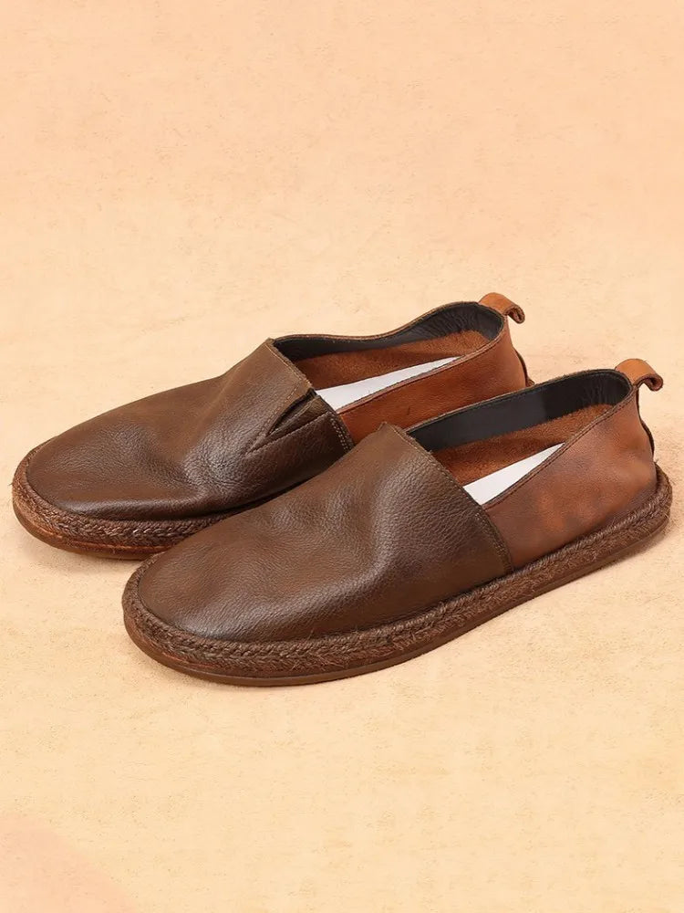 Summer Breathable Genuine Leather Loafers Men Slip-On Daily Casual Flat Shoes Male Vintage