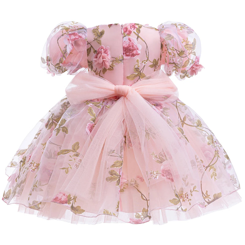 Girls Flower Puff Sleeve Princess Dress Old Children's Flower Dress Baby Birthday Party Dress