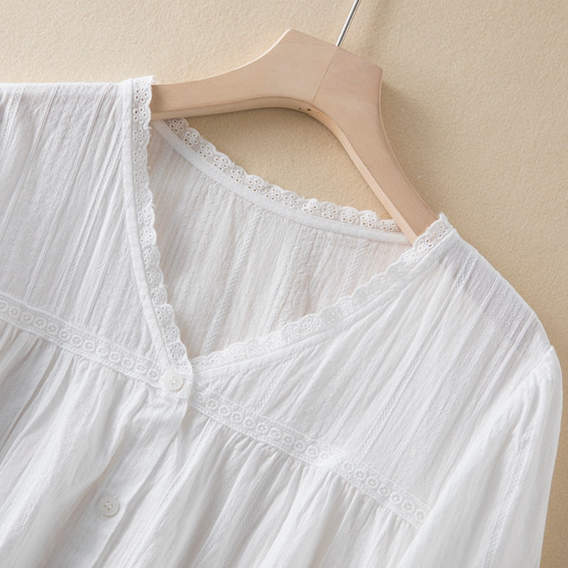 V Neck Elegant Summer Cotton Shirt Ladies Short Sleeve Tops Sweet Loose Lace Women Blouse Casual