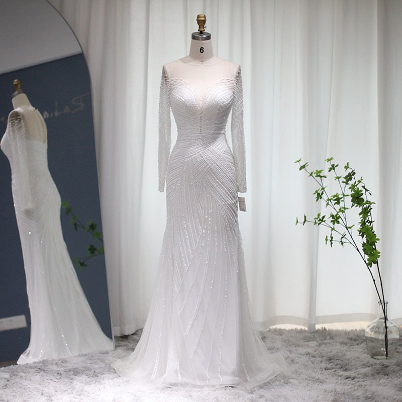 Sharon Said Luxury Dubai Blue Mermaid Evening Dresses for Women Wedding Elegant White Long Sleeve Formal Prom Gowns