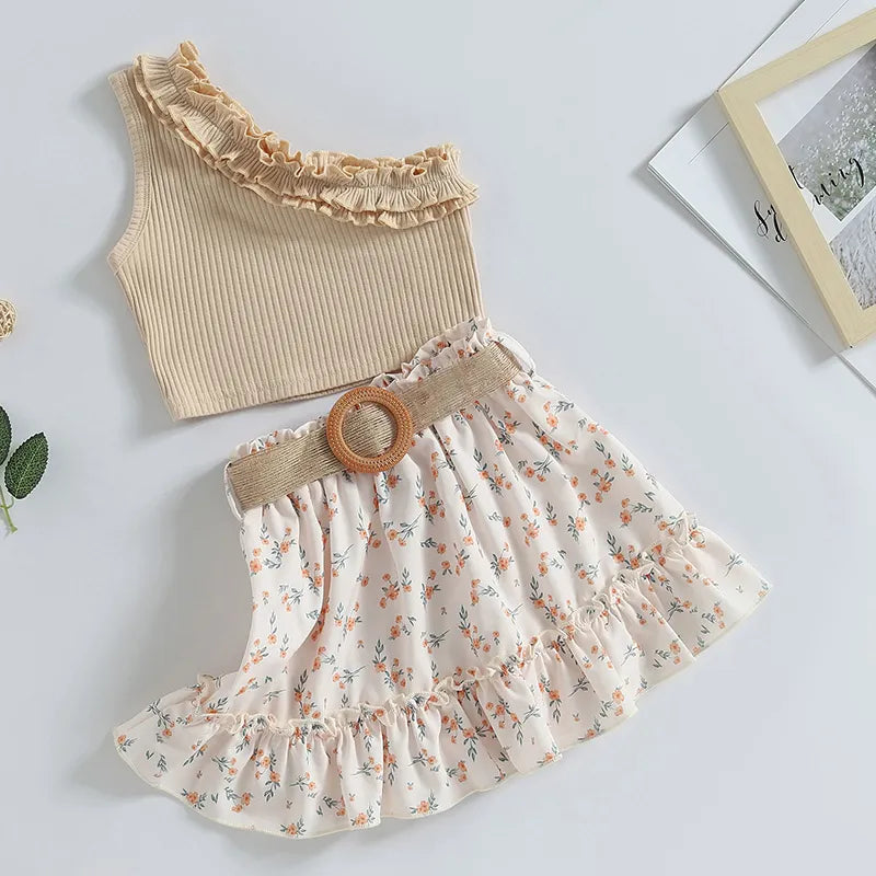 Kids Girls Summer Clothing Sets Solid Ruffles Floral Mini Skirts Holiday Outfits