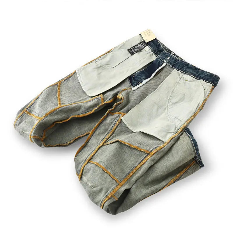Retro Motorcycle Jeans Men Spring Autumn Loose Zipper Designer Straight Pants Stitching Tooling Cargo Pants Men