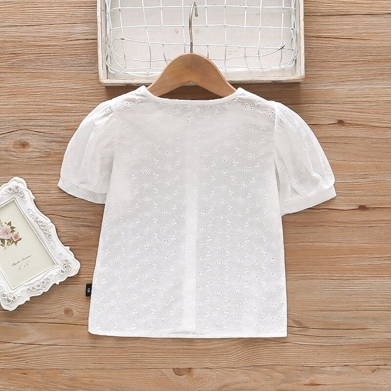 Summer Girls White Shirt Embroidered Hollow Short-sleeved Girl Blouse Baby Clothes For Girls