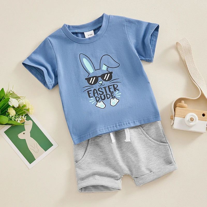 Summer Easter Toddler Boys Outfits Bunny Short Sleeve T-Shirt and Elastic Shorts Clothes Set