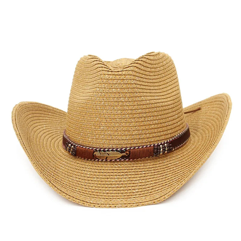 Western Hat Sun Hat For Men Summer Hats For Women Lady Straw Hat With Alloy Feather Beads Beach Cap Panama