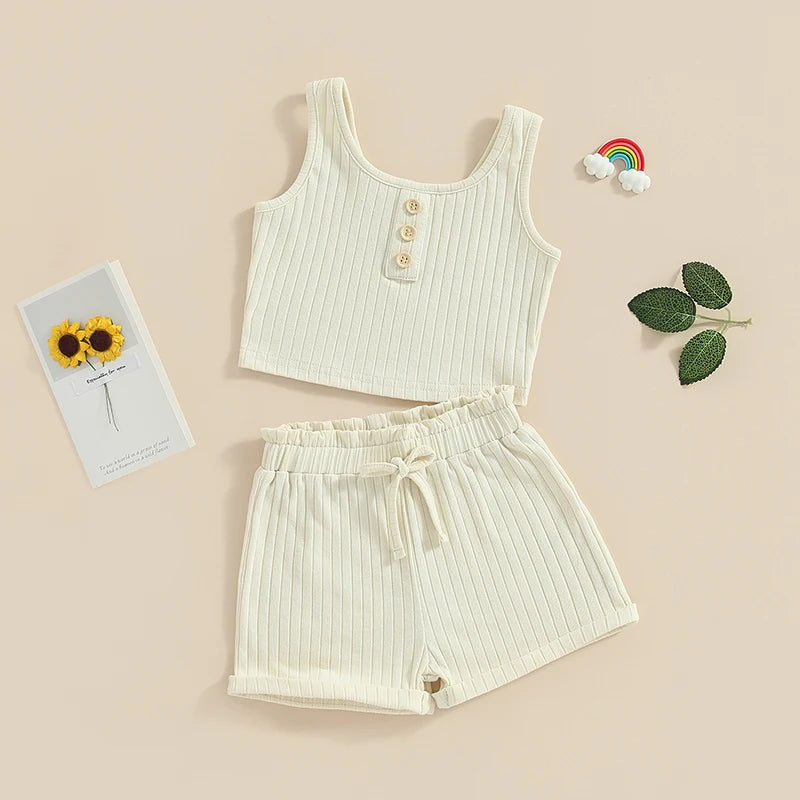 Summer Kids Girl Outfits Buttons Sleeveless Rib Knit Tops Elastic Waist Shorts Clothes Set