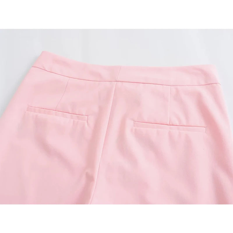 Women Vintage High Waist Flared Full Length Pink Pants Office Trousers