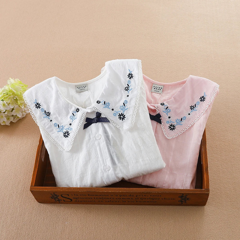 Girls Blouse Shirts Summer Short Sleeve Cotton Lovely Lace Causal White Tops Childrens Clothes