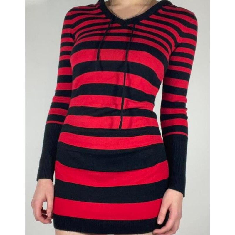 Striped Dress Women Long Sleeve Hooded Knit Dress Grunge Goth Dresses Streetwear