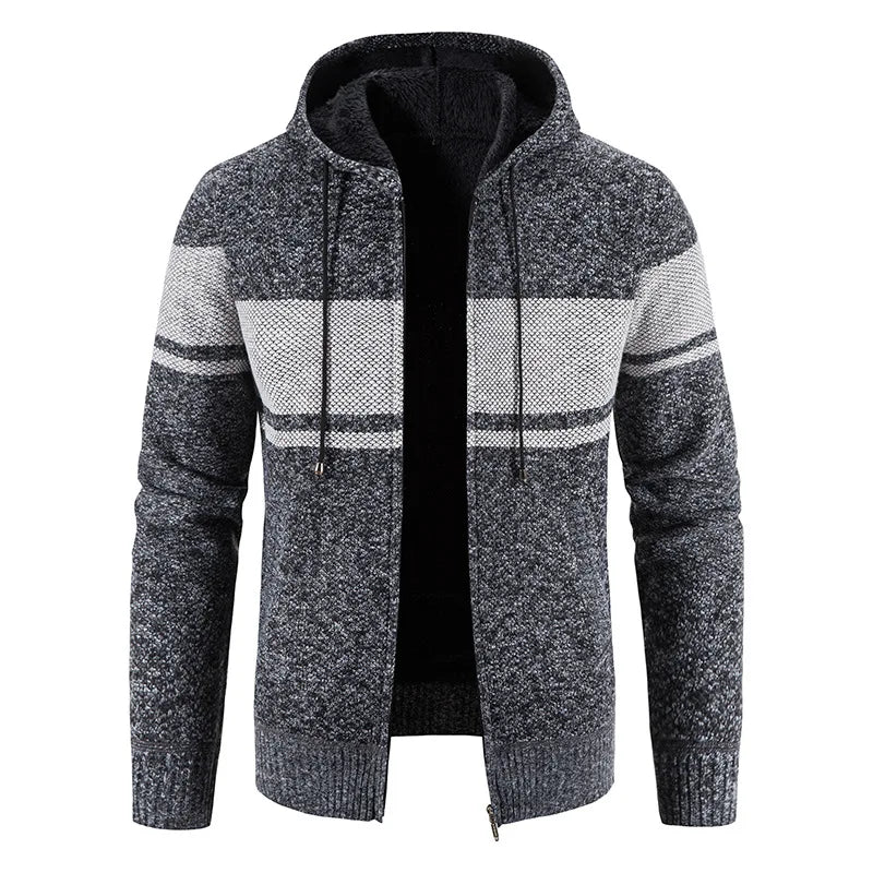 Men's  Knitted Sweater Jackets Autumn and Winter Men's Striped Hooded Fleece Thicken Keep Warm Cardigan Coats