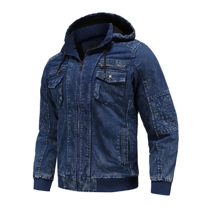 Winter Denim jacket plus velvet warm solid thick casual jacket men's cotton Denim jacket warm coat Hooded