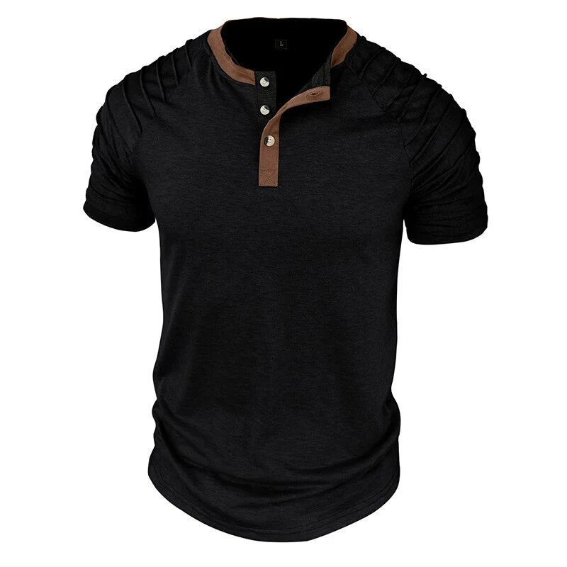 Summer Vintage Henry Collar Mens T Shirts Casual Patchwork Button Pleated Short Sleeve Tee Men