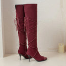 Female Motorcycle Boots Pointed toe Thin heels Flock Cross-tied Club Party