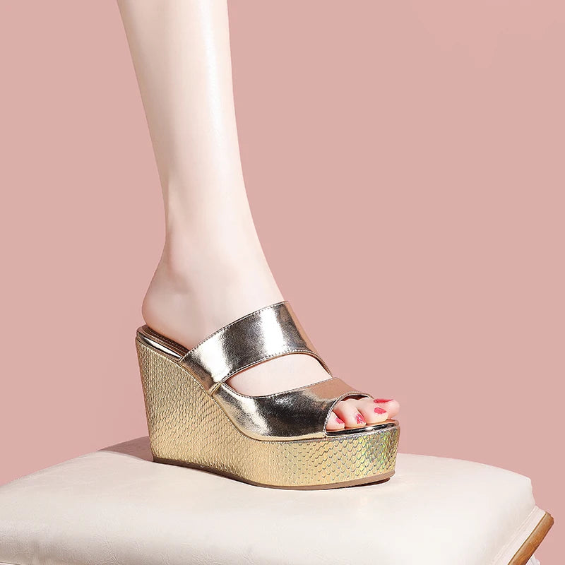 Genuine Leather Summer Slippers Women Wedges High Heels Slippers Street Style Ladies Casual Platform Shoes