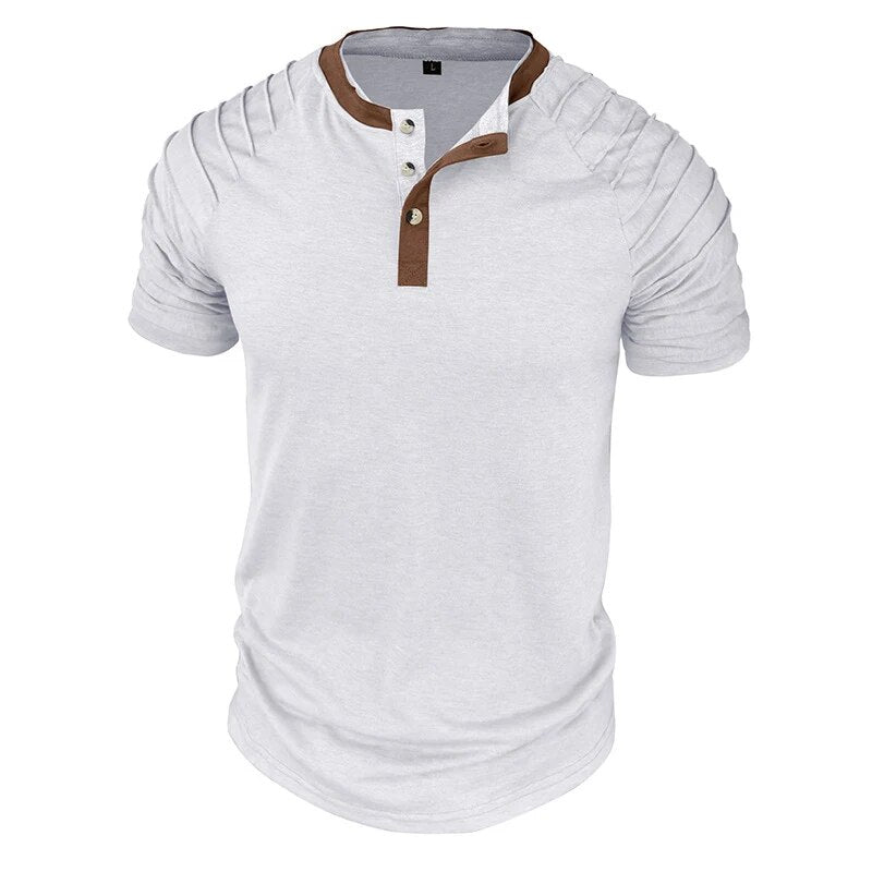 Summer Vintage Henry Collar Mens T Shirts Casual Patchwork Button Pleated Short Sleeve Tee Men