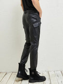 Autumn Mens Motorcycle Riding Windproof Pants Punk Genuine Leather Cargo Pants Long Trousers
