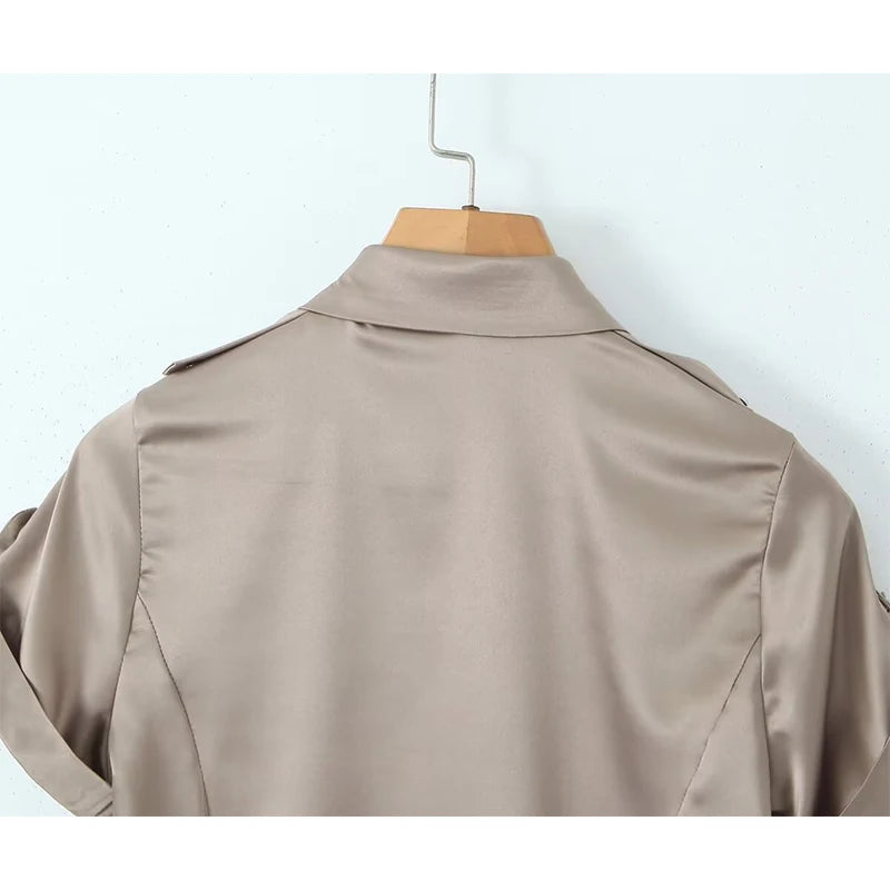 Women Apricot Roll-up Sleeve Safari Satin Shirt Blouse Single Breasted Female Fishbone Summer Crop Top