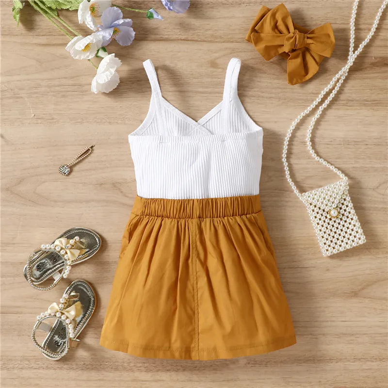 Kids Girls Clothes Suits Solid Color V-Neck Ribbed Sleeveless Sling Tank Tops Buttons Pencil Skirts Headband 3Pcs Sets