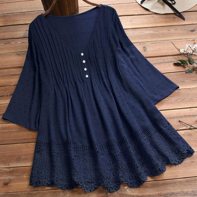 Women Top Solid Thin Casual Lace Hollow Out V Neck Summer Blouse