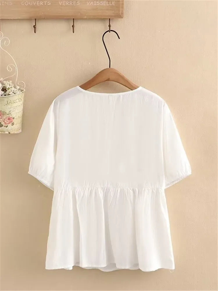 Women Clothing Summer Short Sleeve Shirt Non-Stretch Thin Top Jumper With Buttons Front With Three