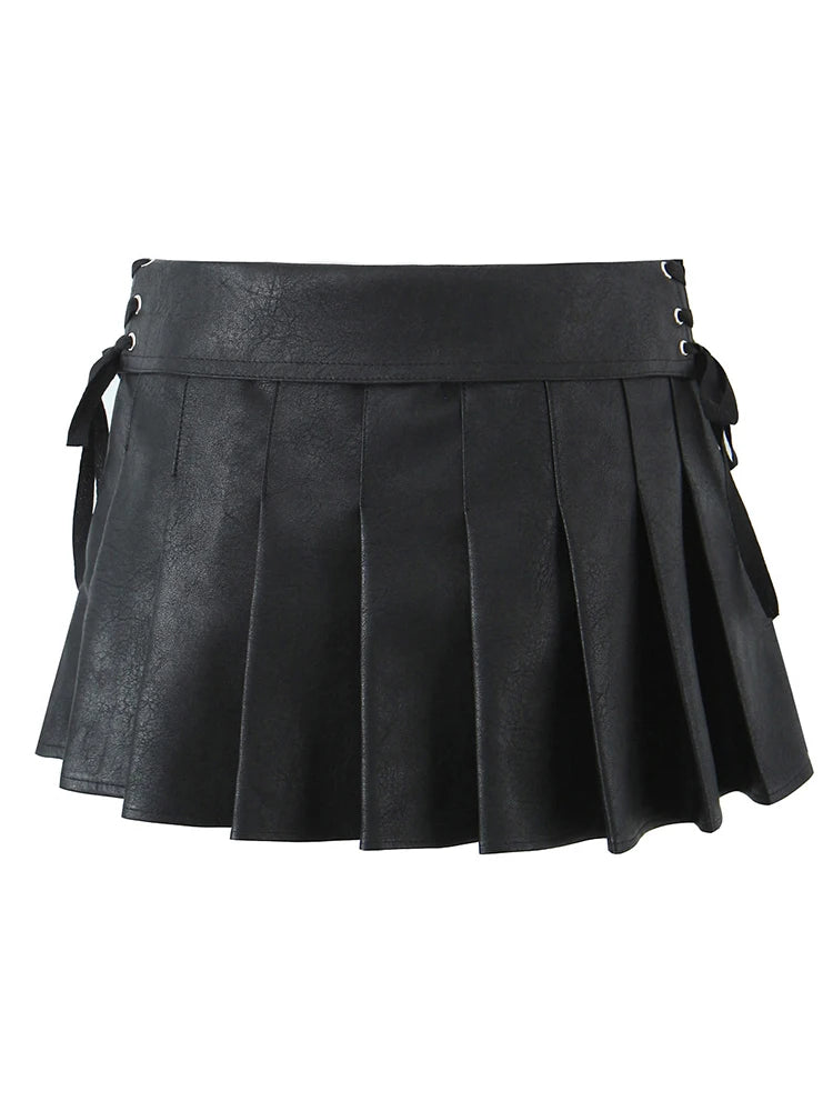 Women Sweet Pleated Mini Skirt Sexy Low Waist Super Short Skirts Chic Leather Slim Skirts