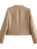 Elegant Sweet Cropped Jacket For Women Long Sleeve Pocket Thick Coat Autumn Office Lady