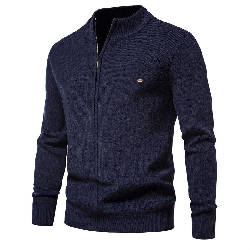 Men Casual Warm Sweater Jacket Solid Stand Collar Zipper Knitted Sweater Men