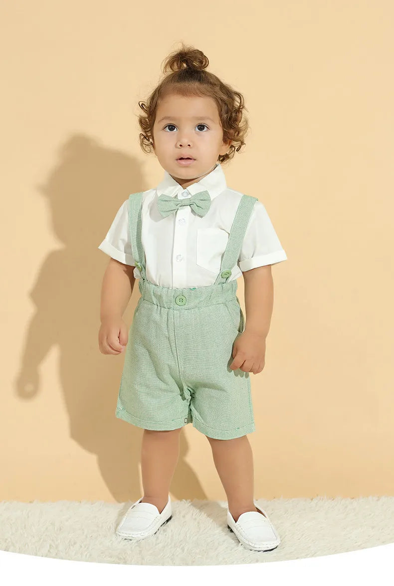 Baby Boys Summer Clothes Children Green Cotton Suit Solid T-shirt Overalls with Bow Toddler Casual Outfits