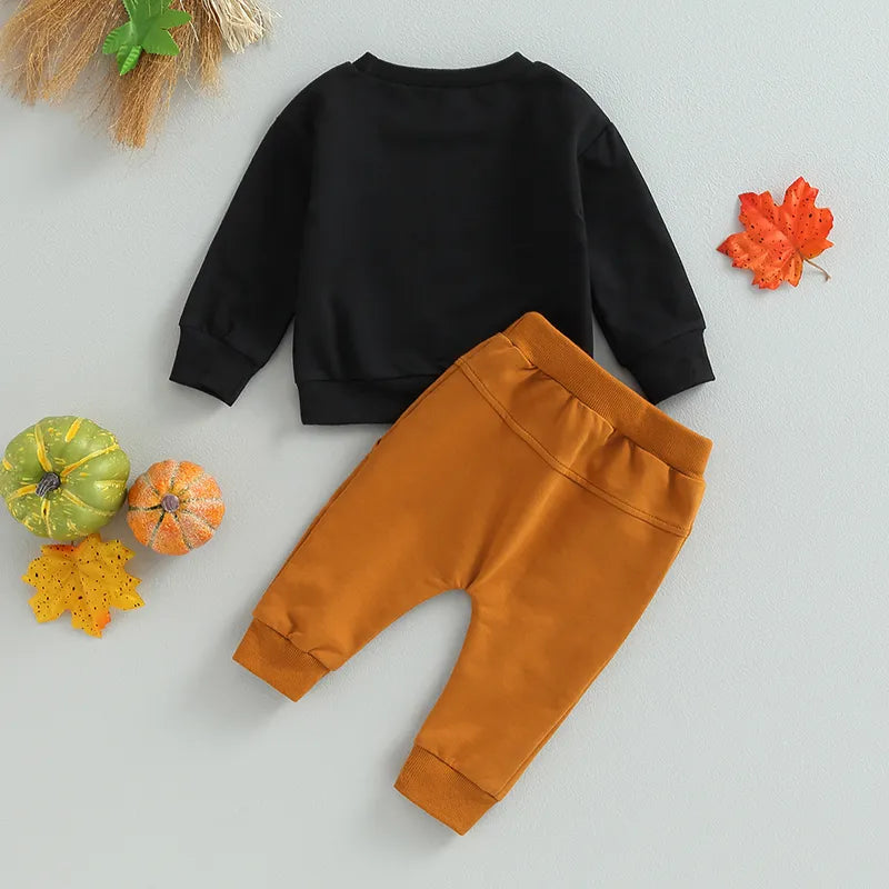 Toddler Infant Baby Boy Halloween Clothes Letter Print Long Sleeve Sweatshirt and Elastic Pants for Toddler Fall 2 Piece Outfits