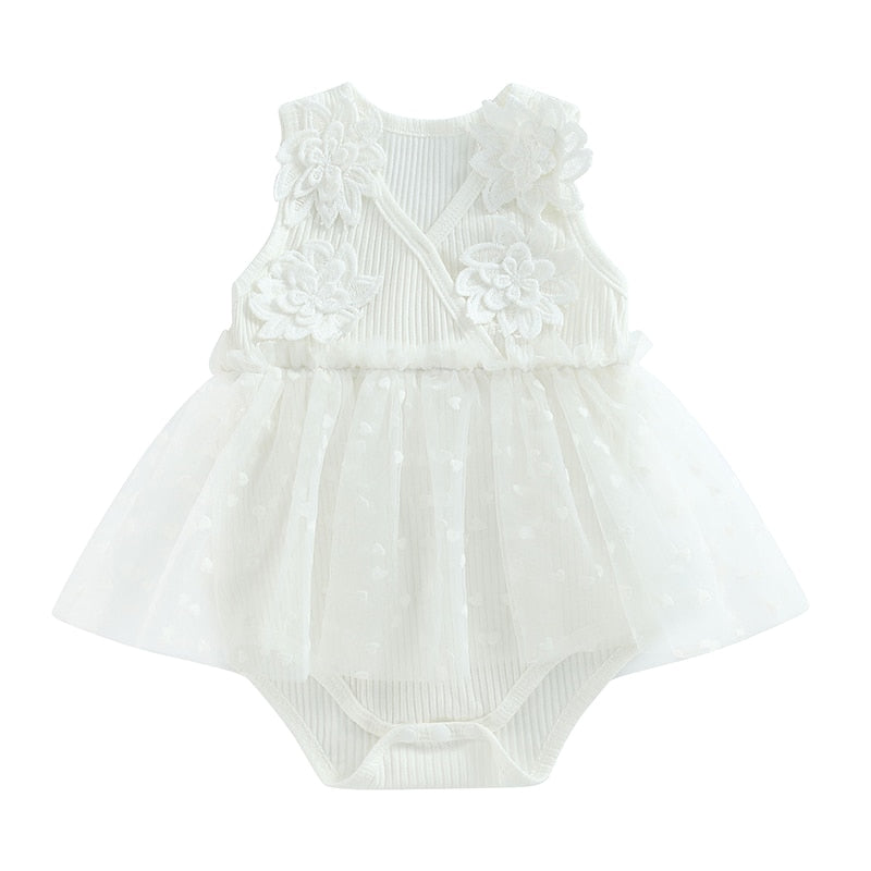 0-18M Toddler Infant Baby Girls Romper Sleeveless V Neck Flower Heart Tulle Patchwork Infant Bodysuit Jumpsuit Summer Clothes